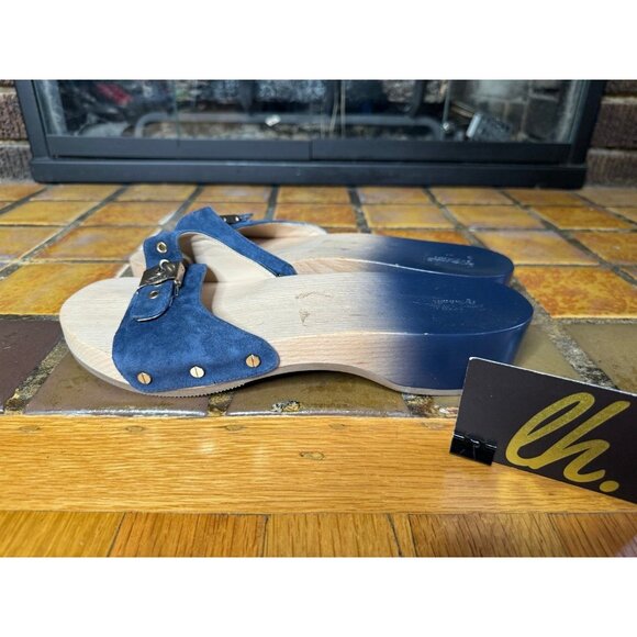 Women’s 10 Dr. Scholls Original Collection Blue Leather Wooden Orthopedic Clogs - Picture 5 of 8